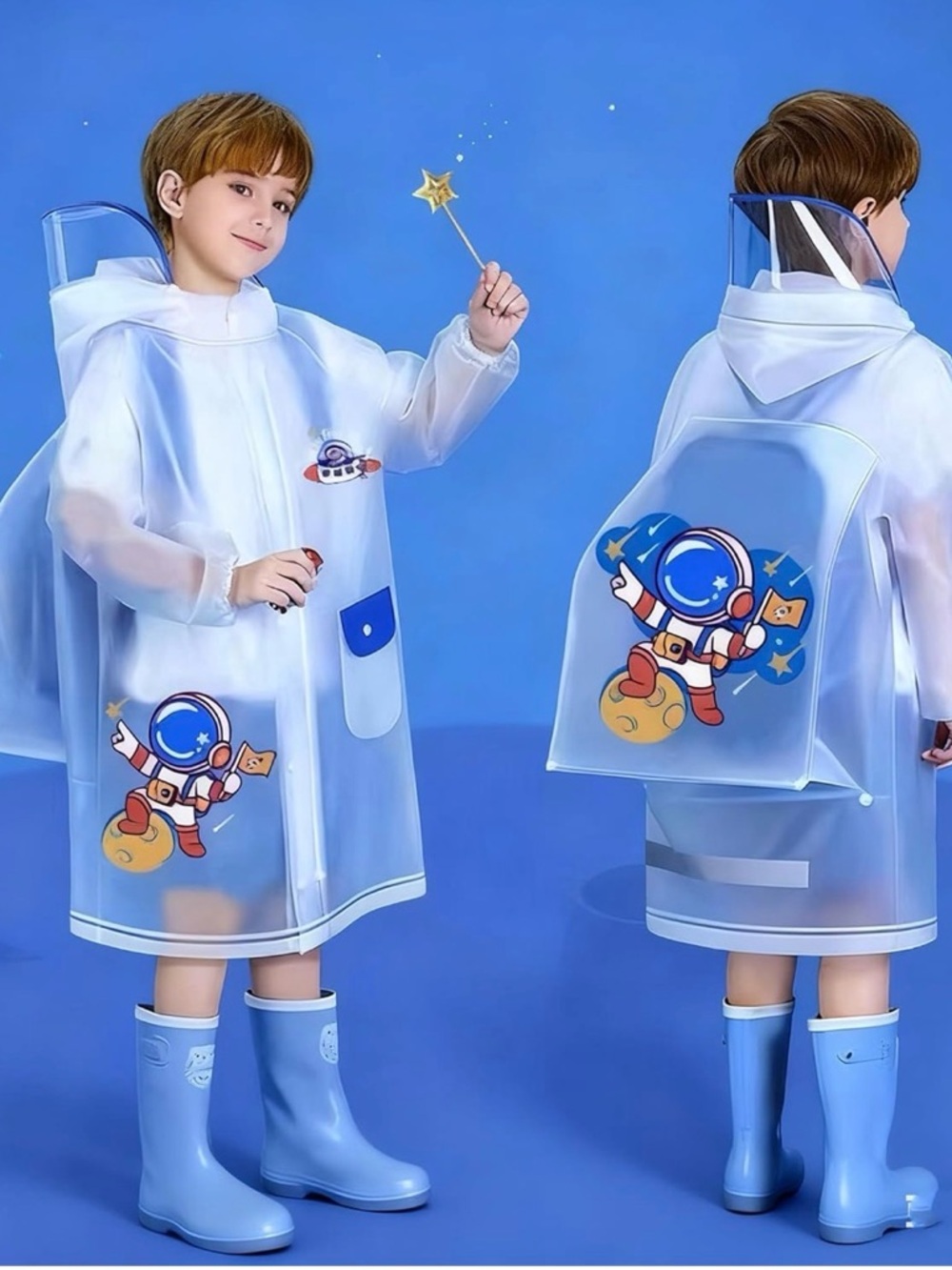 Kids Transparent Blue Astronaut Print Raincoat with Hood